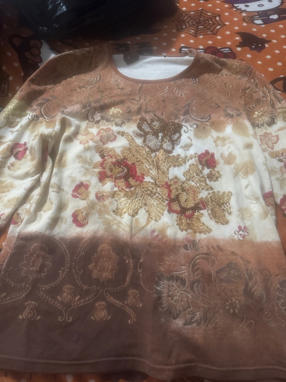 Women’s Long Sleeve Floral Embroidered Tee - Brown & Cream